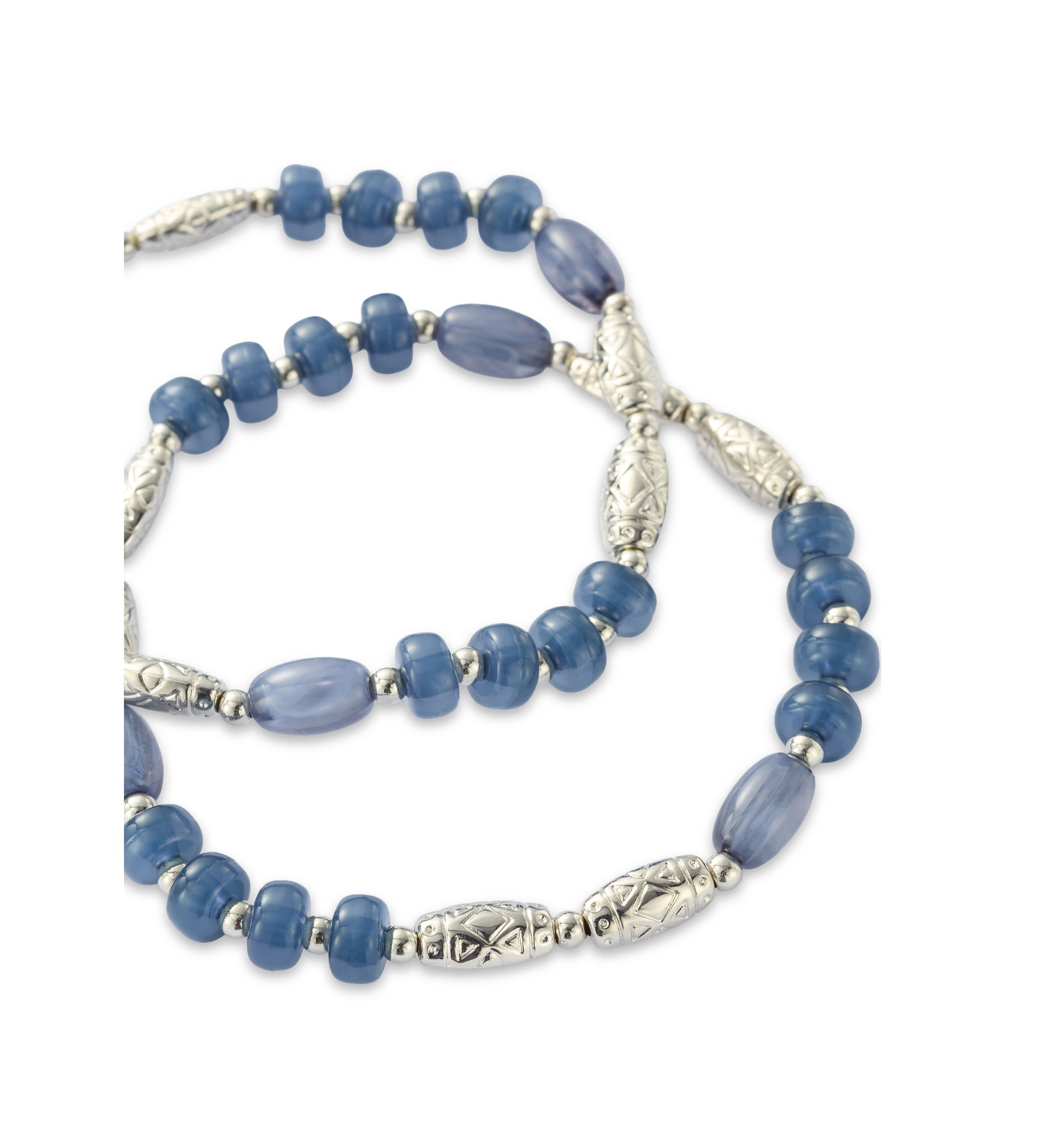2 Row Blue Beaded Silver Tone Stretch Bracelet