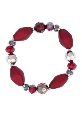 Ruby Rd Red Beaded Silver Tone Stretch Bracelet