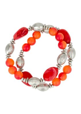 Ruby Rd Silver-Tone 2-Row Coral Multi-Beaded Stretch Braceket with Textured Metal Bead Stations, 7 in