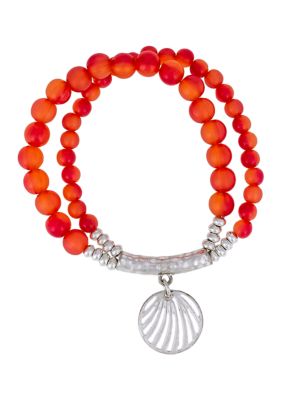 Ruby Rd Silver-Tone 2-Row Multi Coral Beaded Stretch Bracelet with Cutout Drop, 7 in