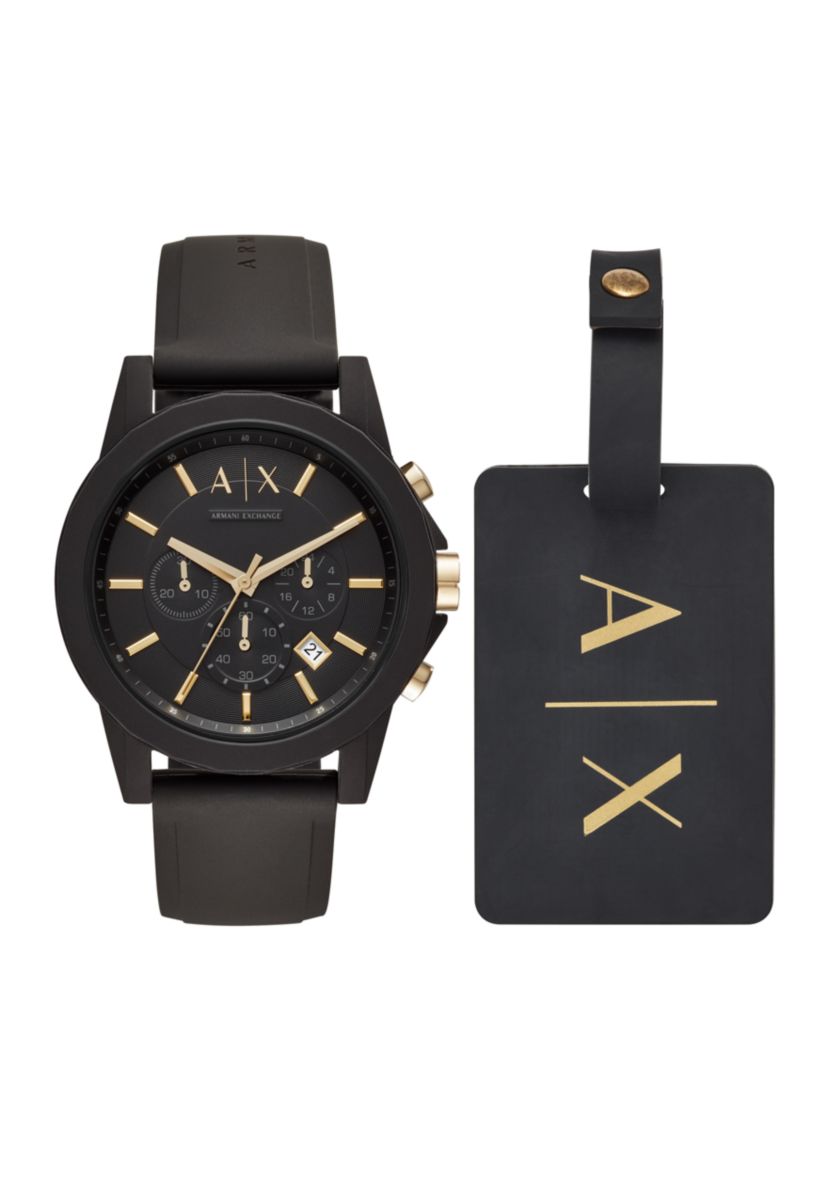 Chronograph Black Silicone Watch and Luggage Tag Gift Set