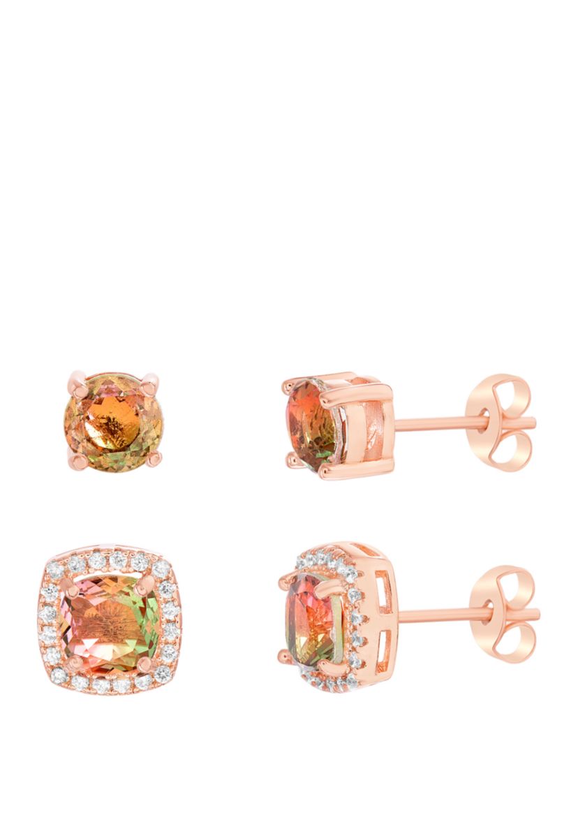 Rose Gold-Tone Sterling Silver Square Stud Earring Set