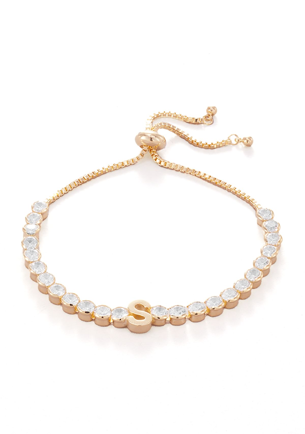 	  Brass 5 Millimeter Cubic Zirconia Initial Tennis Slider Bracelet