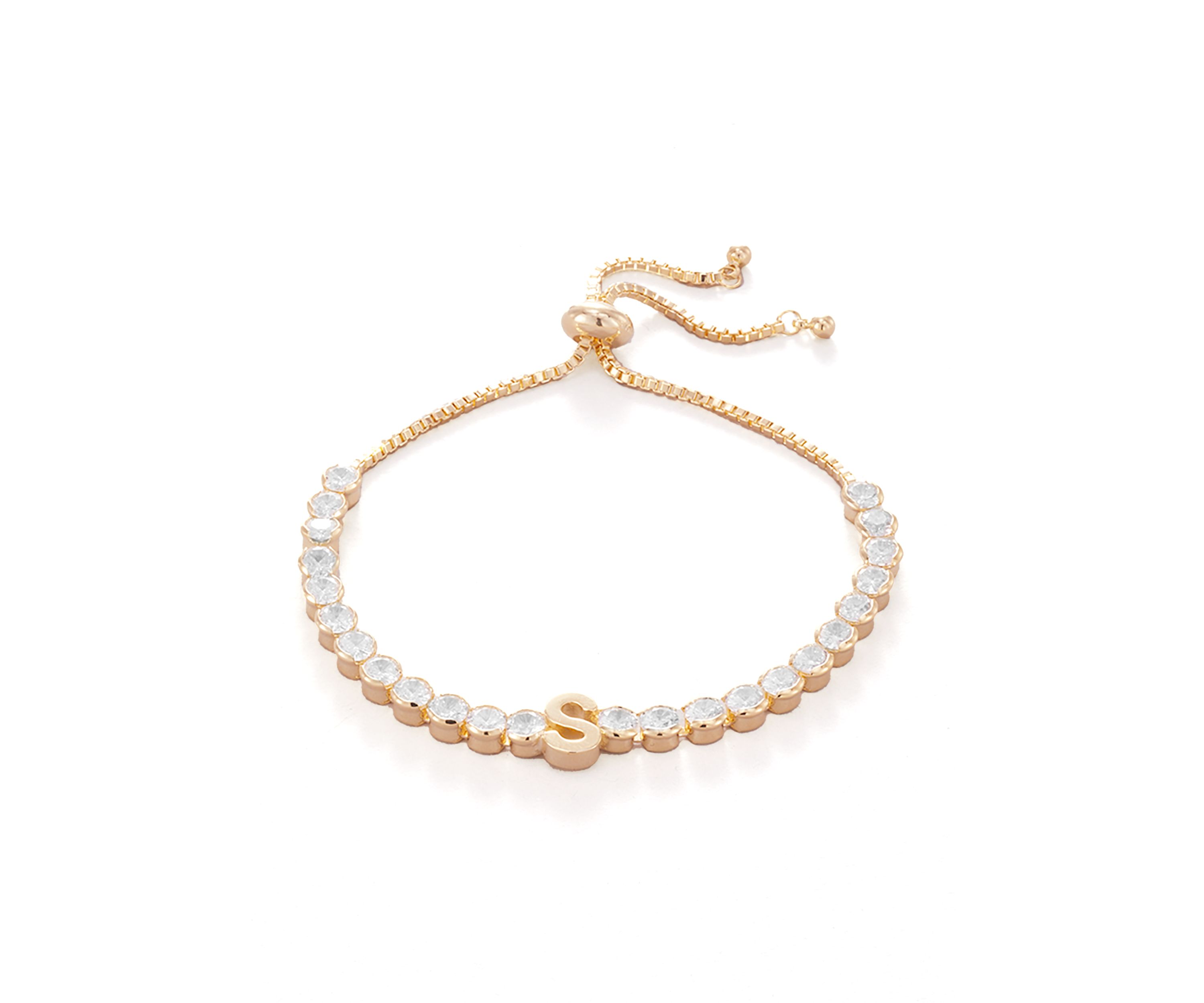 	  Brass 5 Millimeter Cubic Zirconia Initial Tennis Slider Bracelet