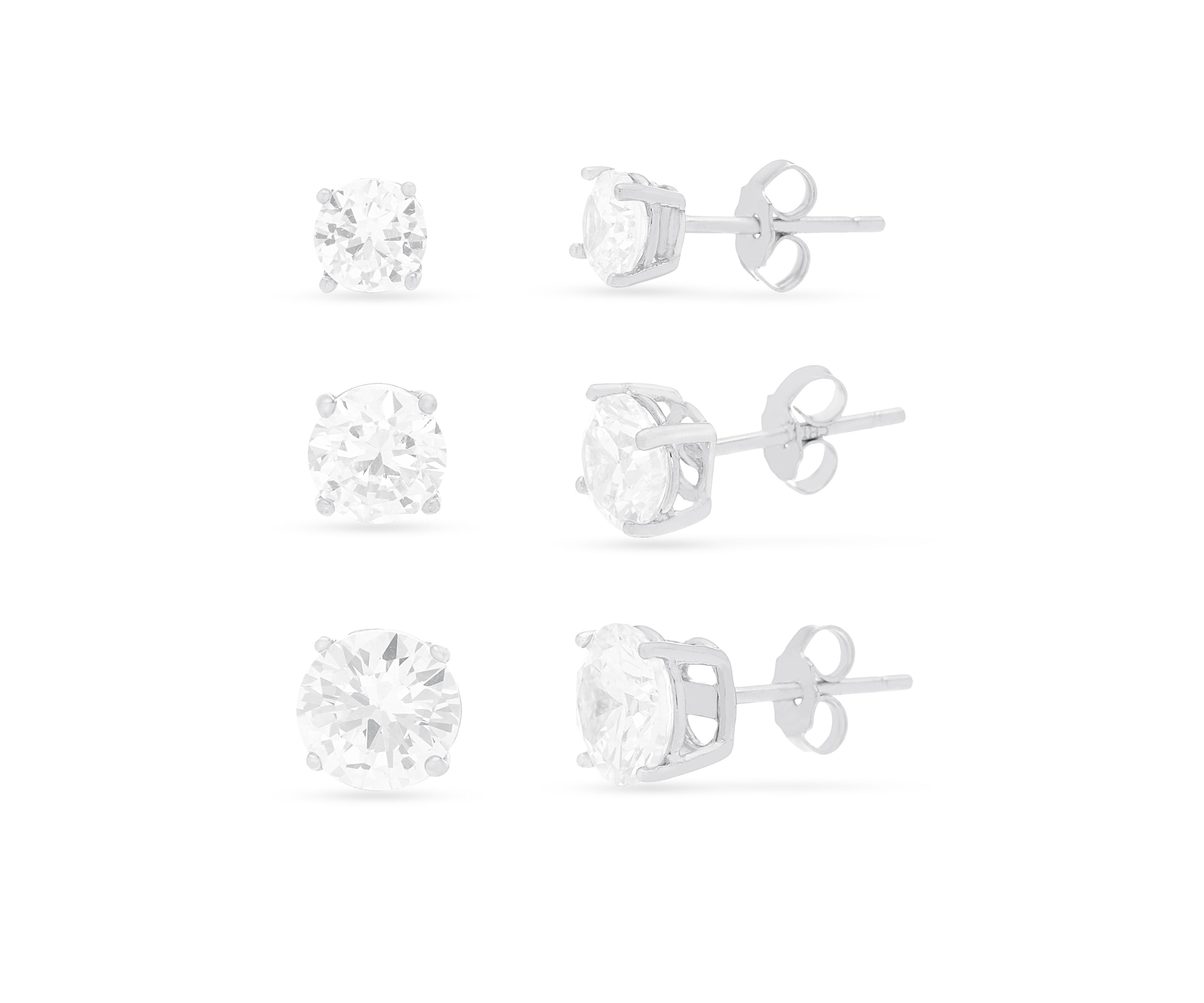 Rhodium Plated Sterling Silver Cubic Zirconia Round Trio Stud Earrings Set