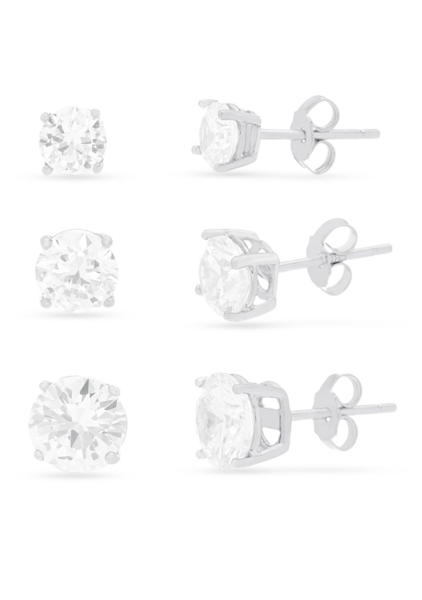 Rhodium Plated Sterling Silver Cubic Zirconia Round Trio Stud Earrings Set