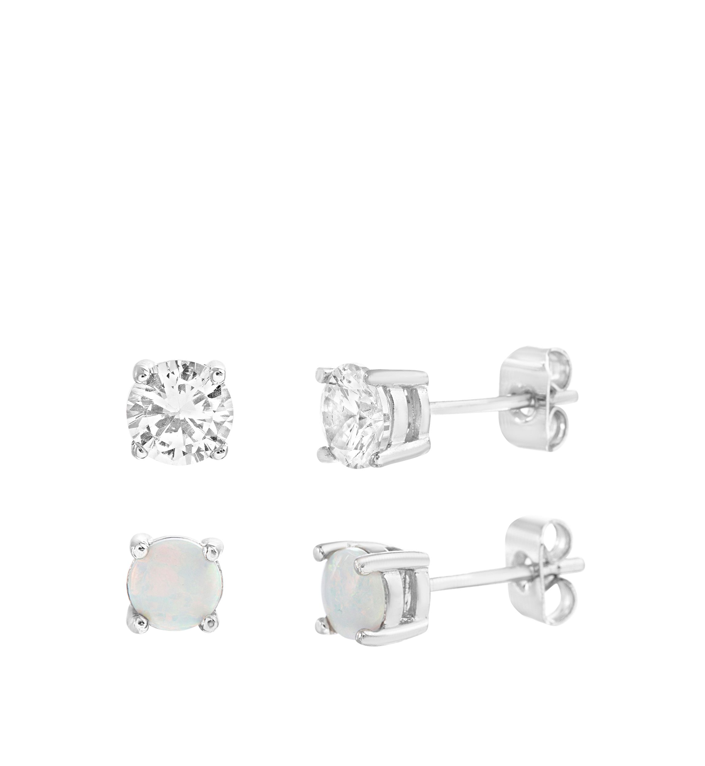 Sterling Silver Opal and Clear Cubic Zirconia Stud Set