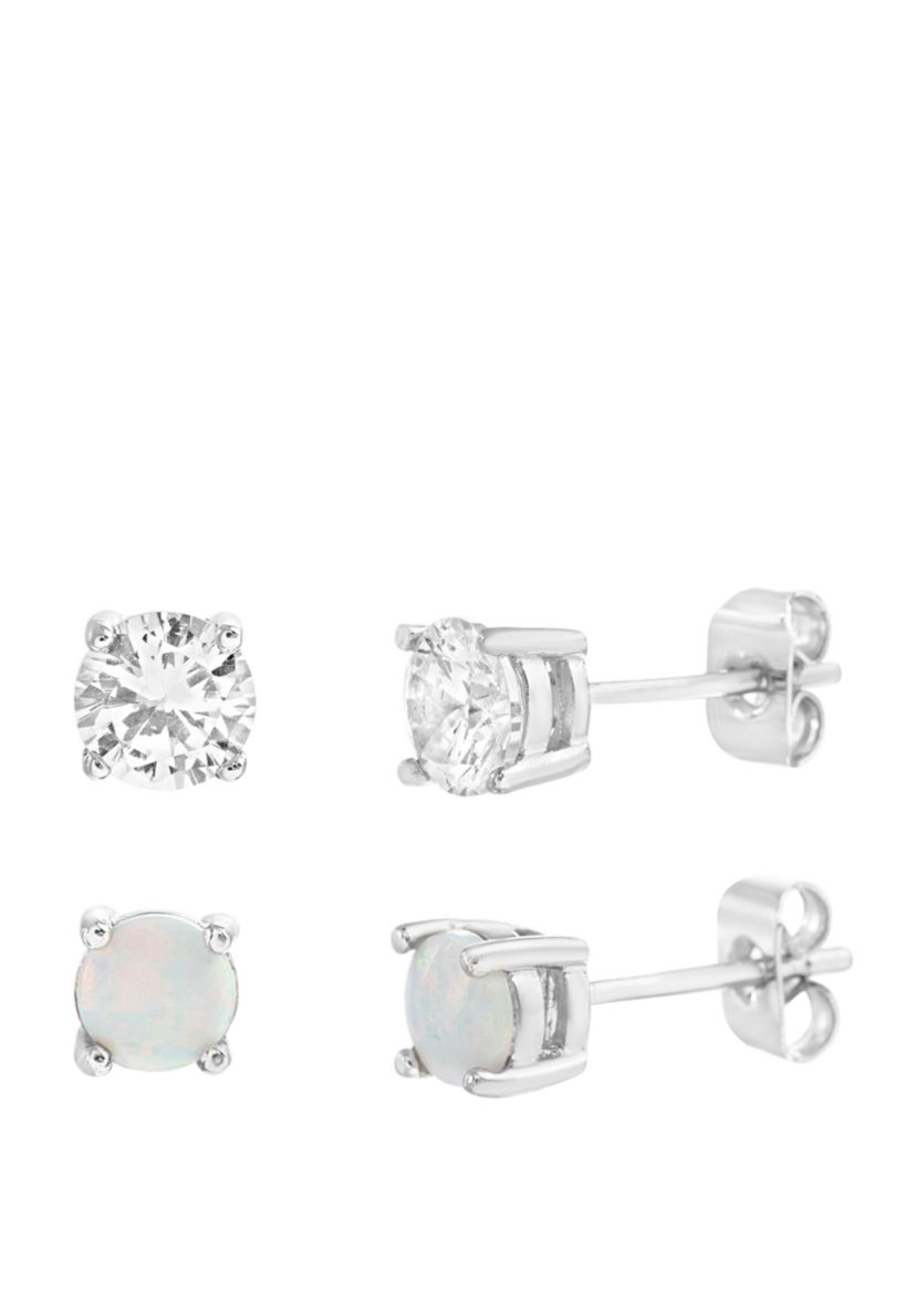 Sterling Silver Opal and Clear Cubic Zirconia Stud Set