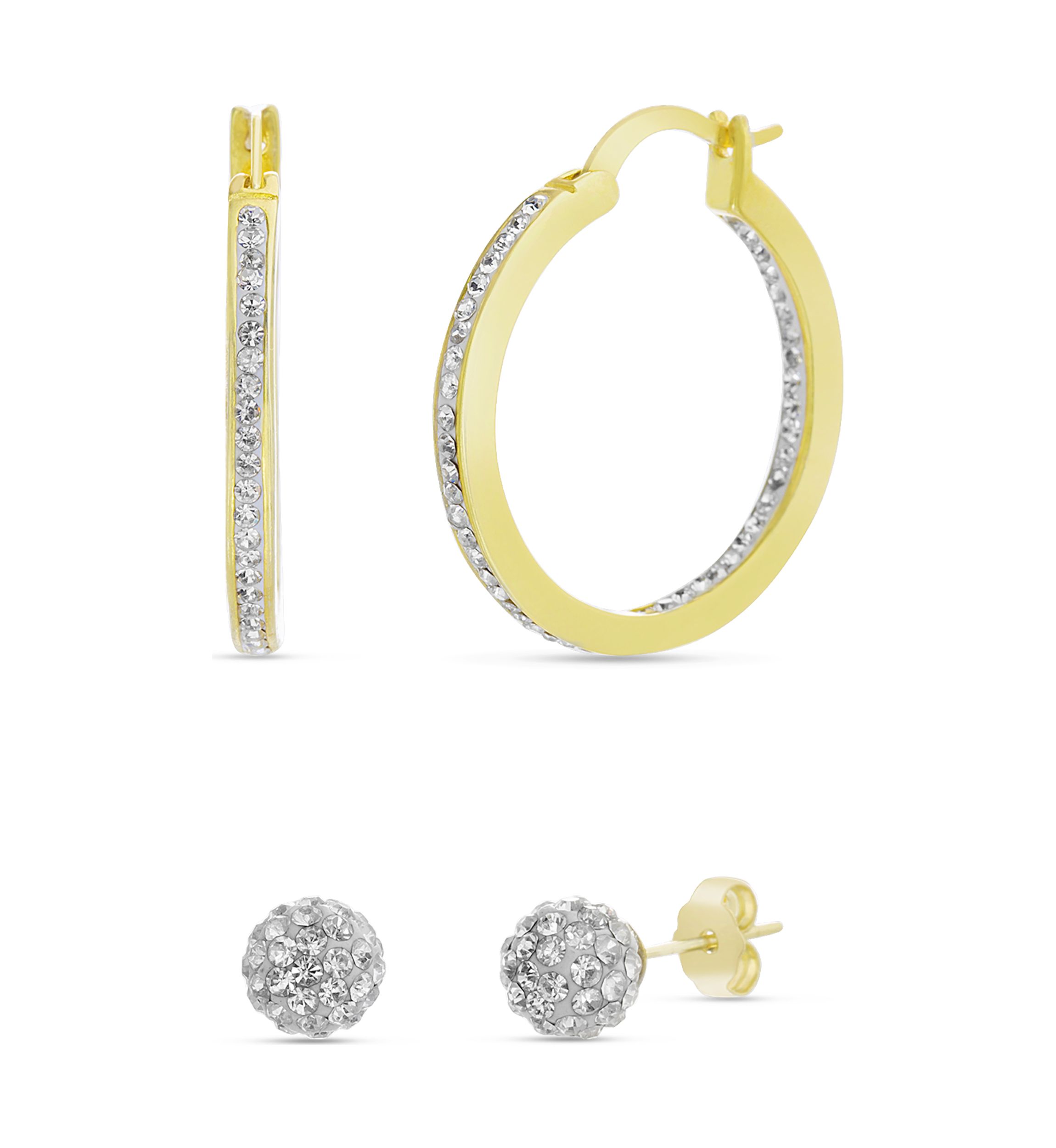 Fine Gold Plated 2.25 ct. t.w. Swarovski® Crystal Hoop and Ball Stud Duo Earring Set