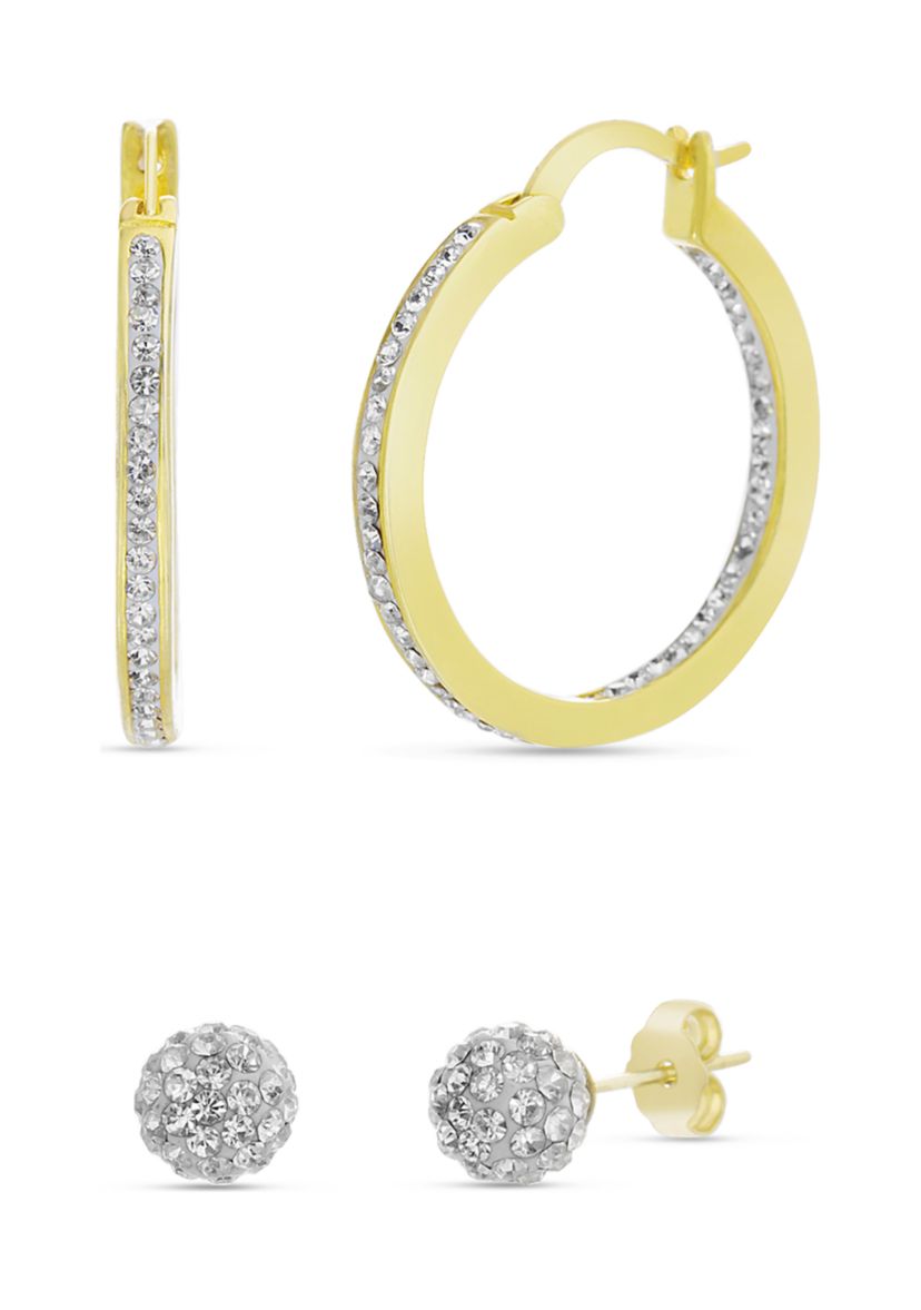 Fine Gold Plated 2.25 ct. t.w. Swarovski® Crystal Hoop and Ball Stud Duo Earring Set
