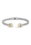 Fine Silver Plate Two-Tone Hinged Cable Cuff Bangle with Cubic Zirconia End Caps