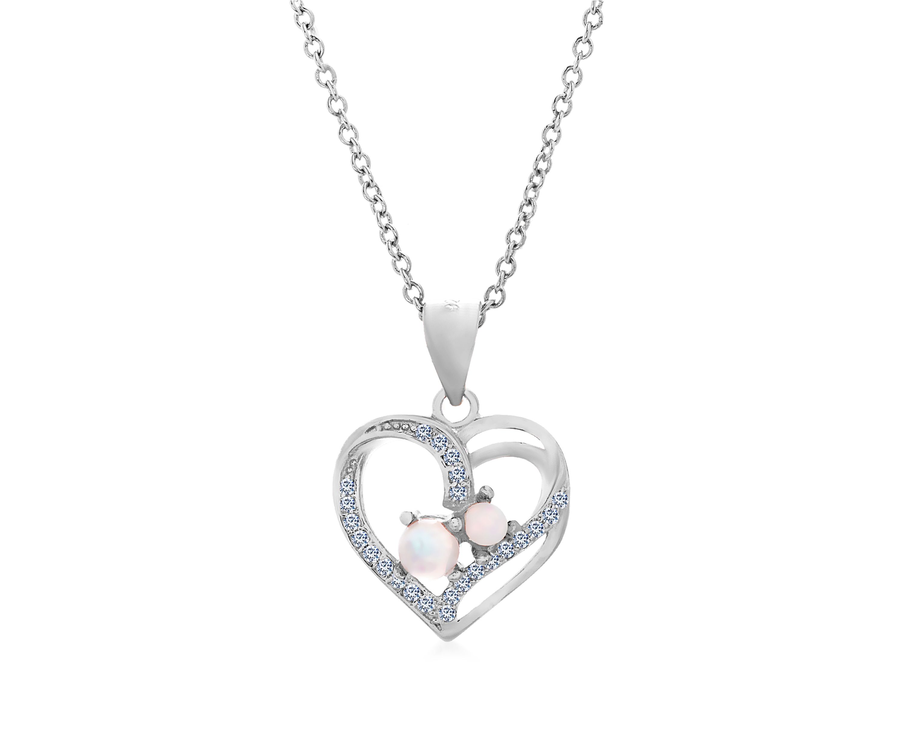 Opal Cubic Zirconia Heart Necklace in Sterling Silver