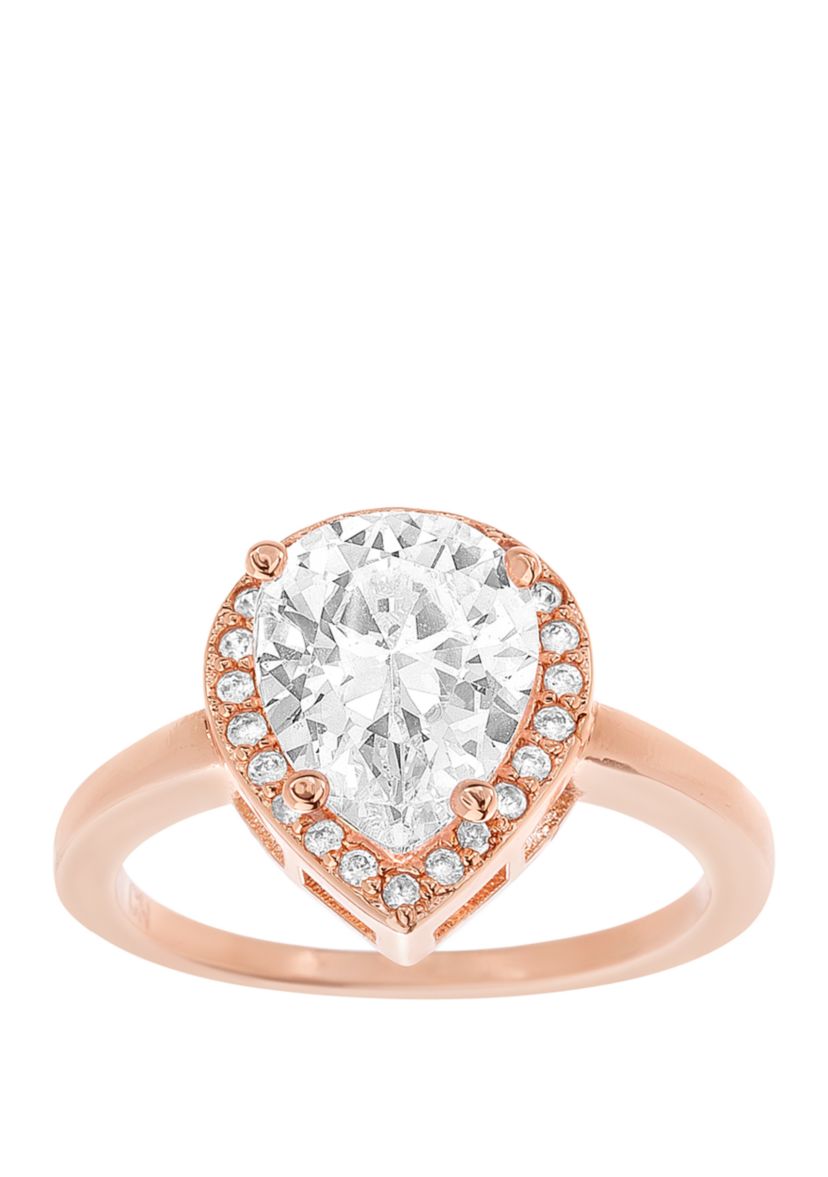 Rose Gold-Tone Sterling Silver Teardrop Cubic Zirconia Halo Ring