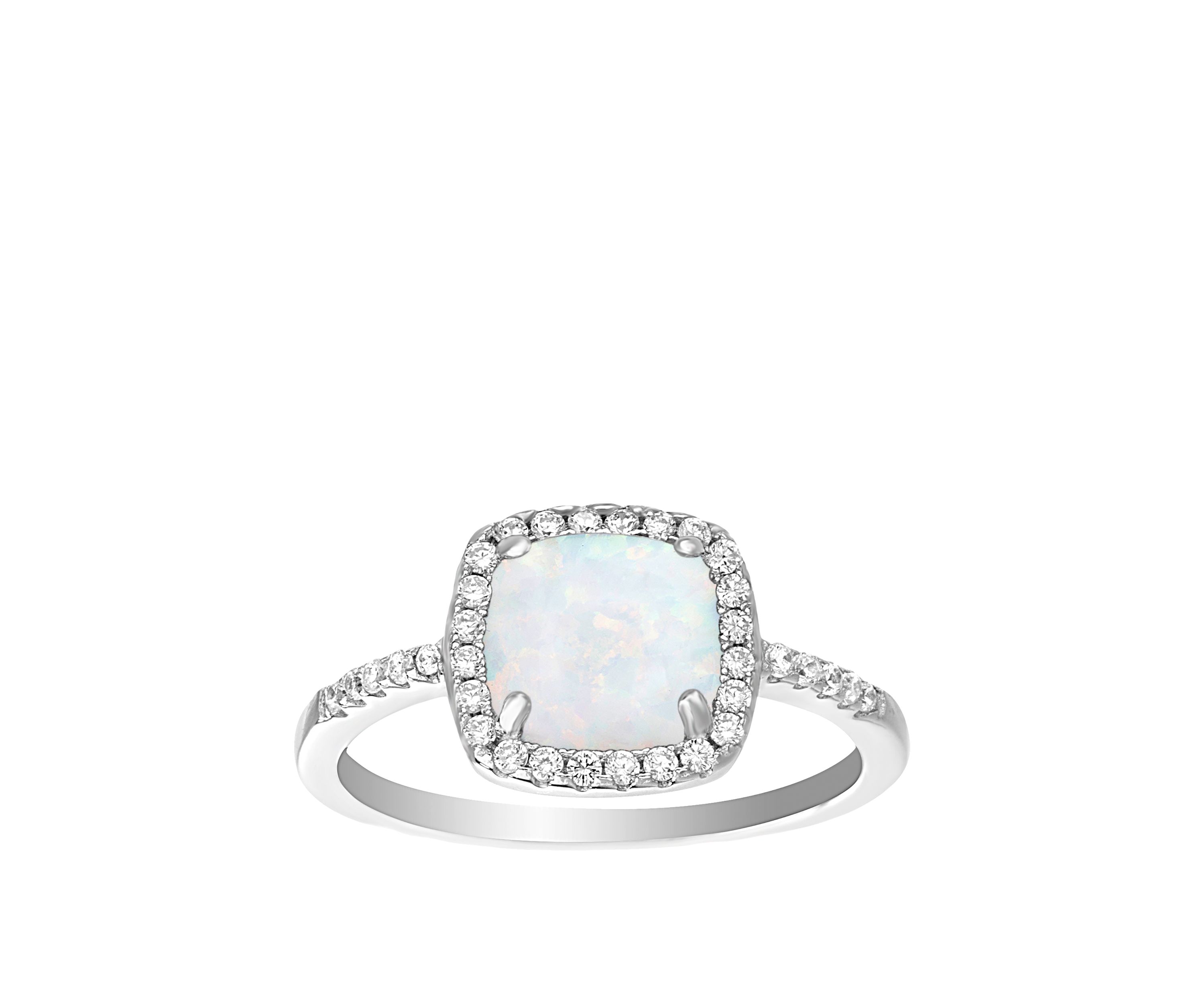 Sterling Silver Opal Cubic Zirconia Square Ring