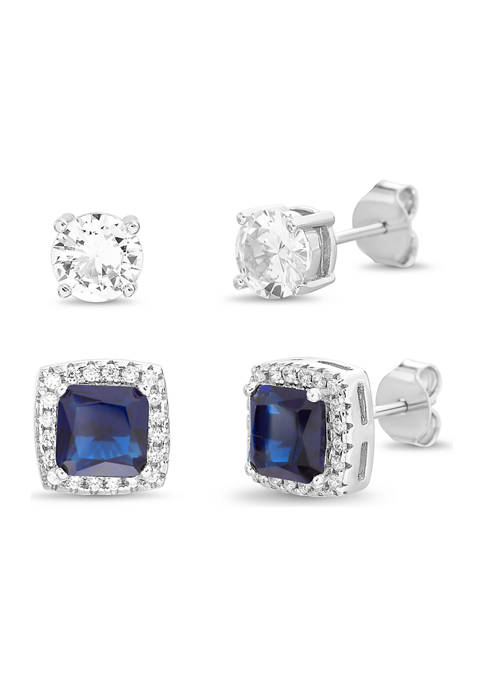 Created Sapphire and Cubic Zirconia Square Stud Earrings Set 