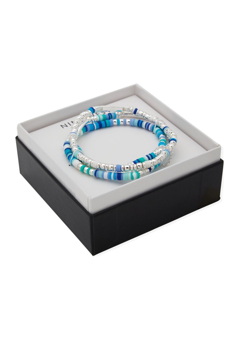 Silver Tone Multi Beaded Stretch Bracelet Set