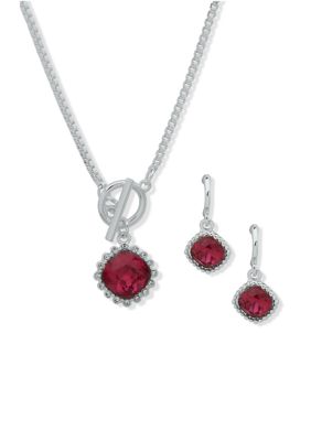 Nine West Silver Tone Pink Stone Drop Earrings and Pendant Necklace Set ...