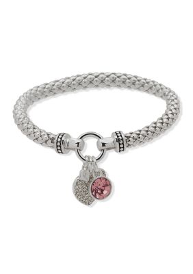 Silver Tone Pink Stone Pavé Heart Stretch Bracelet - Boxed