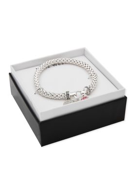Silver Tone Pink Stone Pavé Heart Stretch Bracelet - Boxed