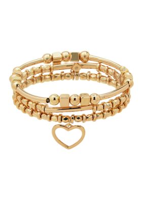 Nine West Gold Tone Set of 3 Heart Charm Stretch Bracelet Box | belk