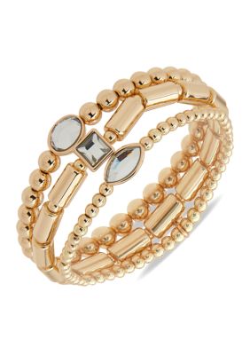 Gold Tone Crystal Set of 3 Stone Stretch Bracelets - Boxed