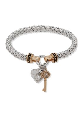 Two Tone Heart and Key Stretch Bracelet - Boxed