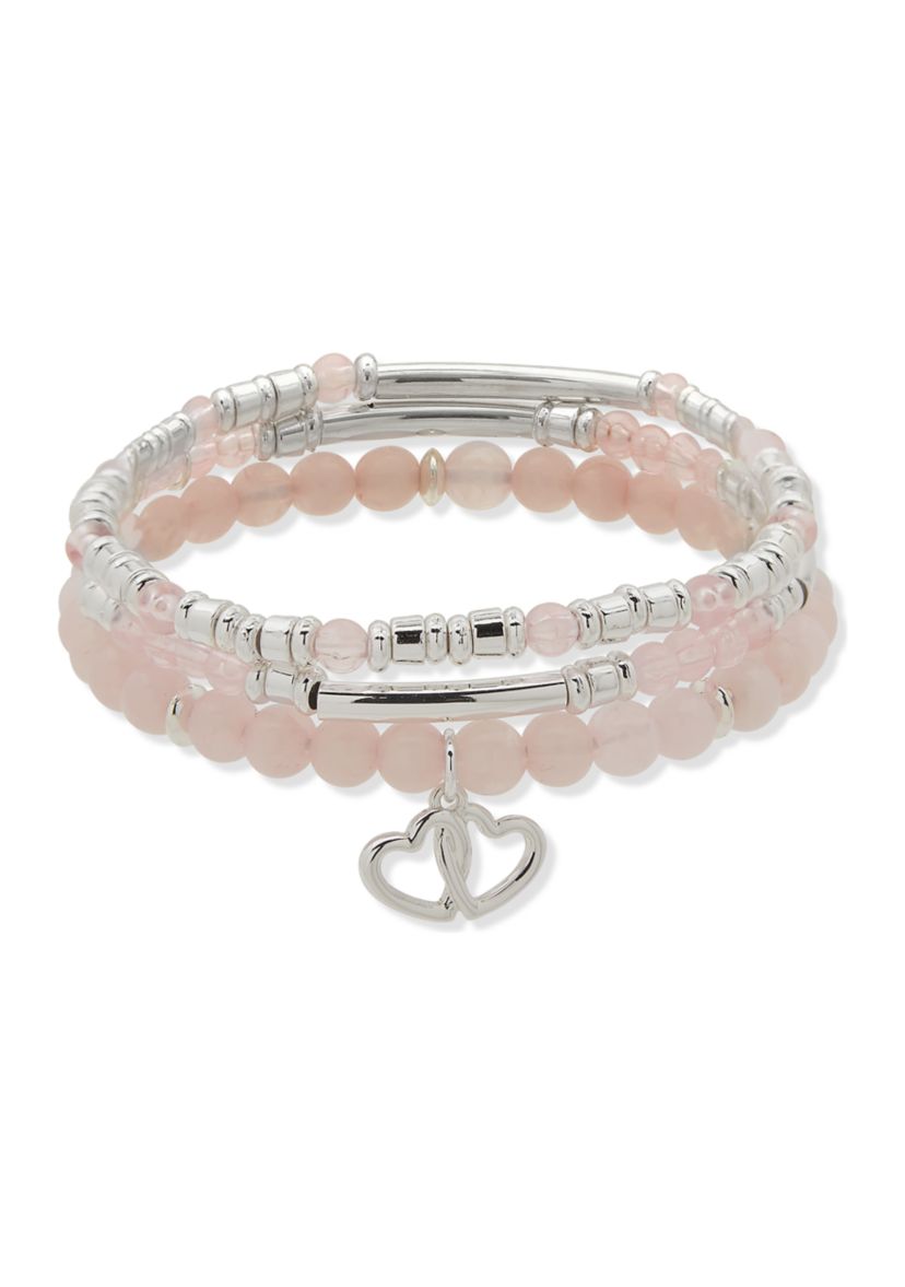 Silver Tone Heart Charm Bracelet Set