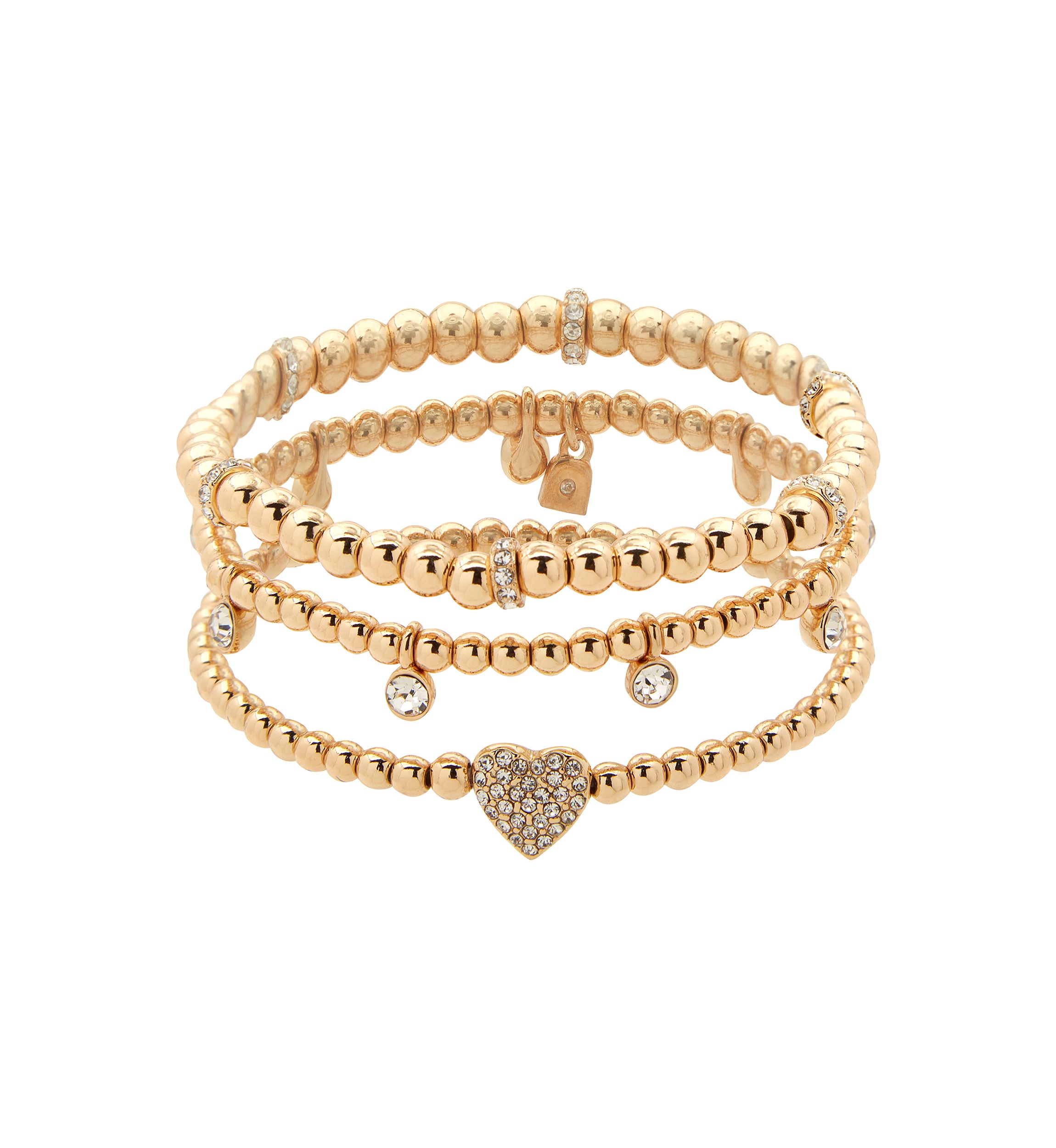 Gold Tone Set of 3 Crystal Pave Heart Stretch Bracelets - Boxed 