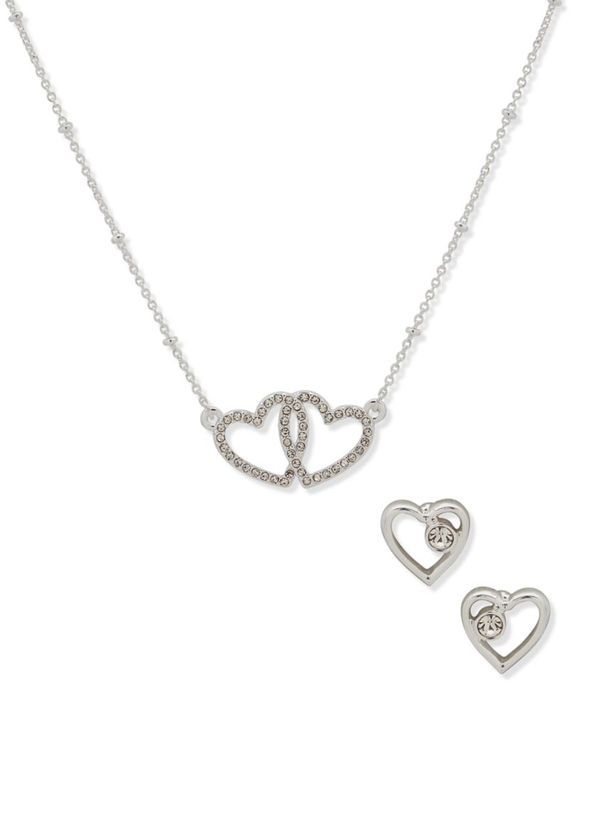 Silver Tone Crystal Stud and 17" Pendant Necklace - Boxed