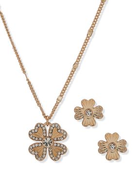 Gold Tone Set with Crystal Pave Clover Necklace and Stud Earrings