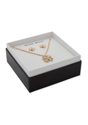 Gold Tone Set with Crystal Pave Clover Necklace and Stud Earrings
