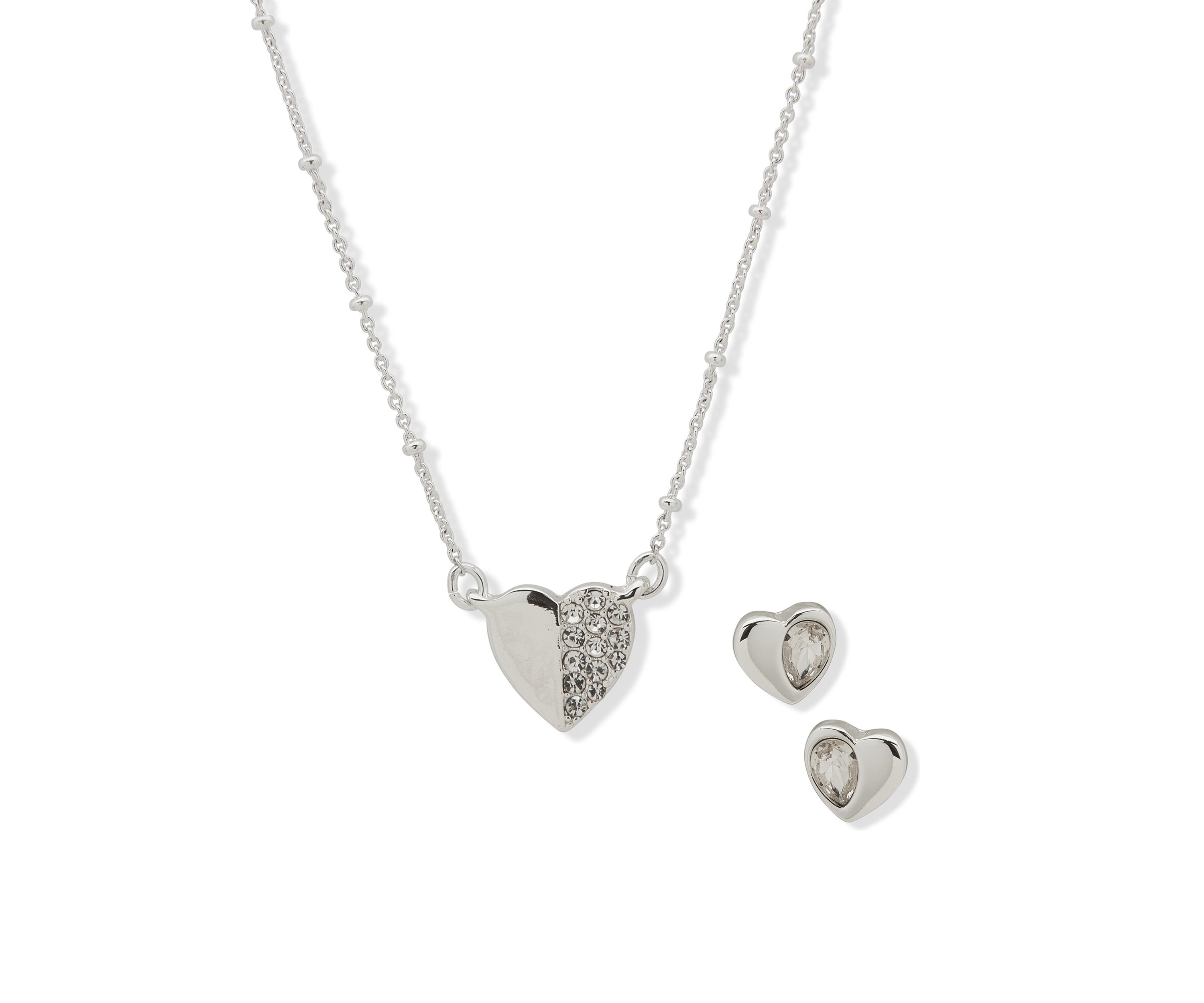 Silver Tone Heart Pendant Stud Necklace and Earrings Set