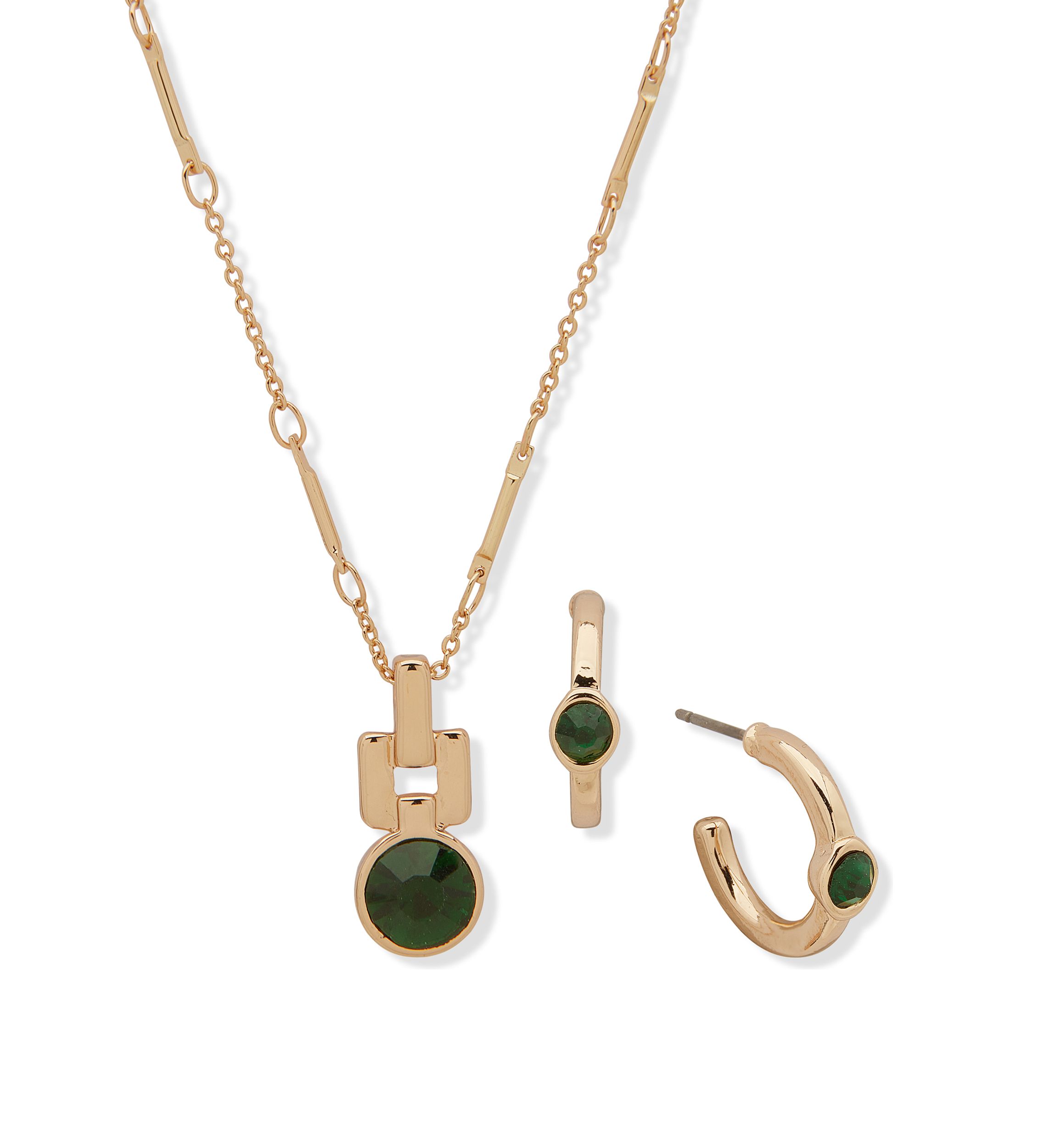 Gold Tone Emerald Pendant Drop Necklace and Earrings Set
