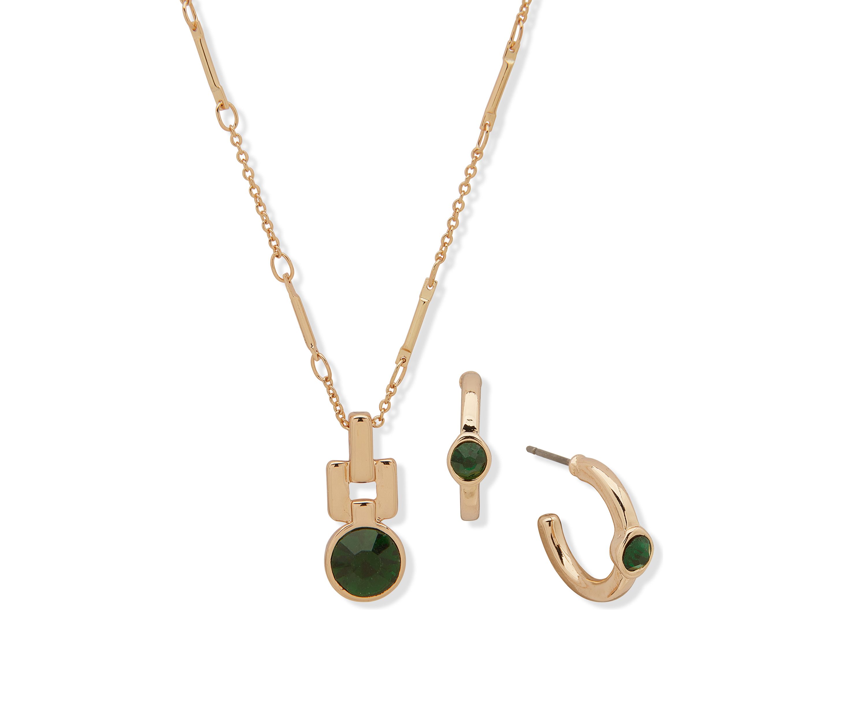 Gold Tone Emerald Pendant Drop Necklace and Earrings Set