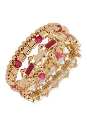 Gold Tone Pink Ball Stretch Bracelet Set