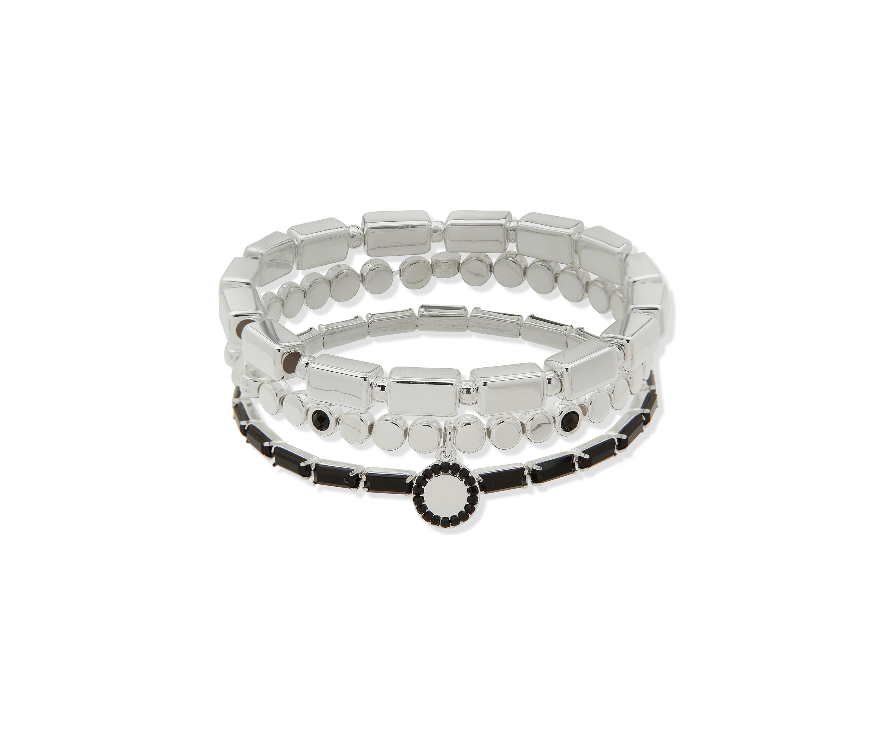 Silver Tone Black Beaded Stretch Bracelet Set