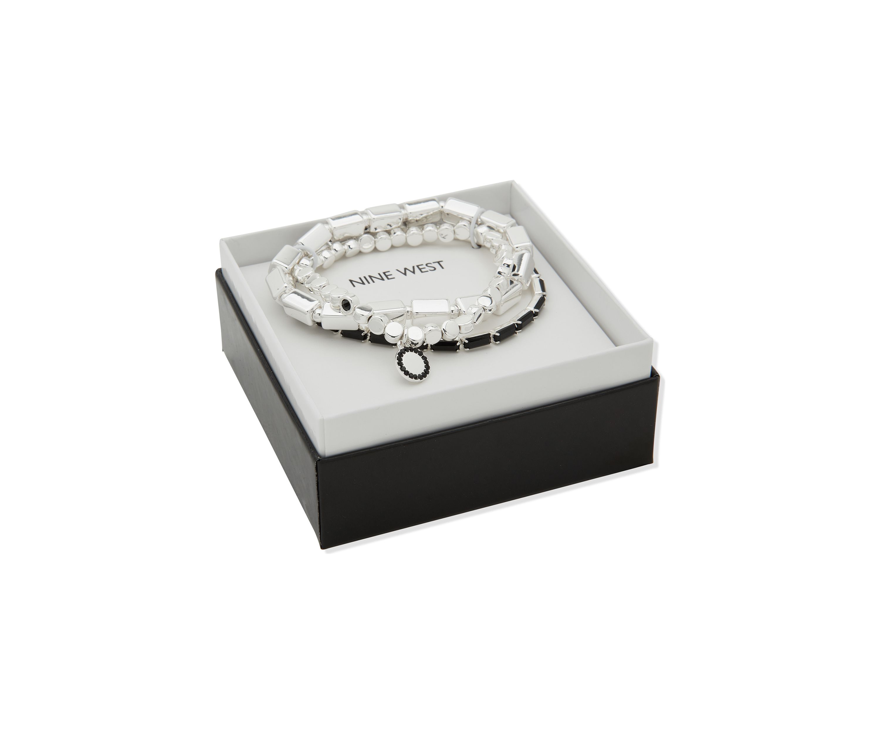 Silver Tone Black Beaded Stretch Bracelet Set