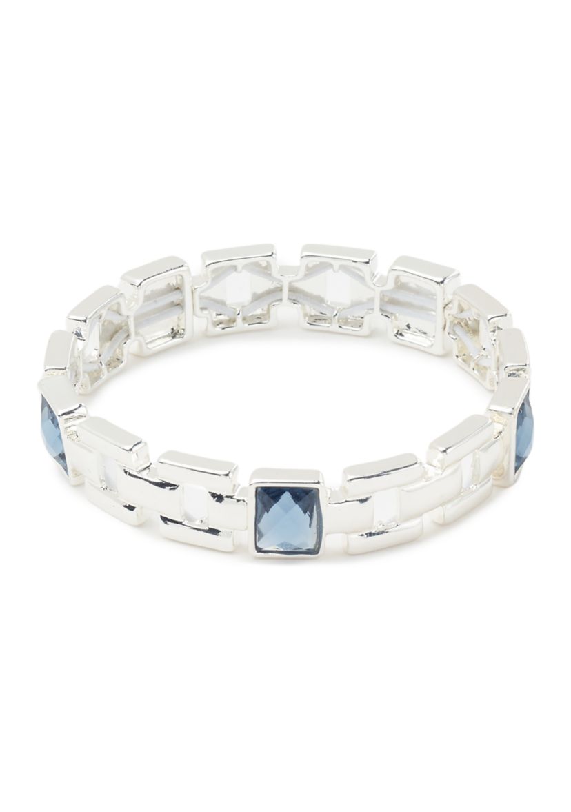 Silver Tone Denim Blue Square Stone Stretch Bracelet