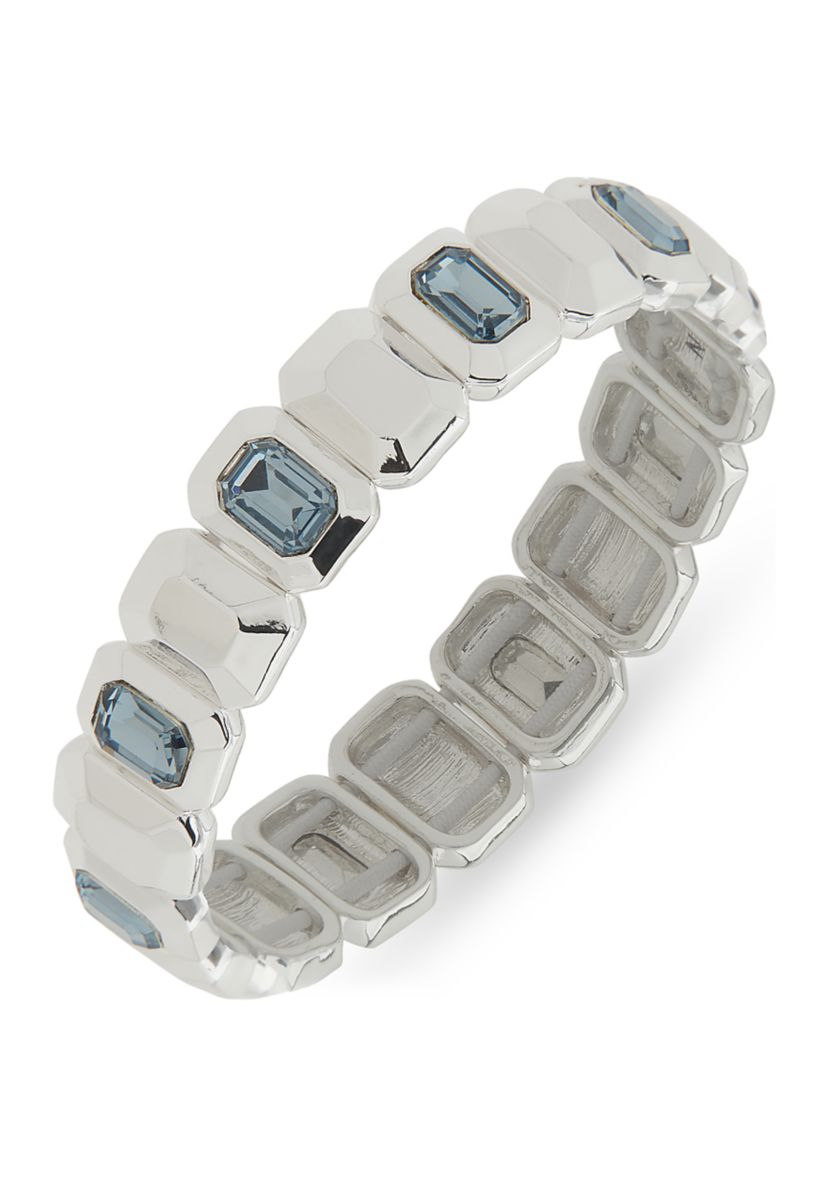 Silver Tone Blue Emerald Cut Stone Stretch Bracelet