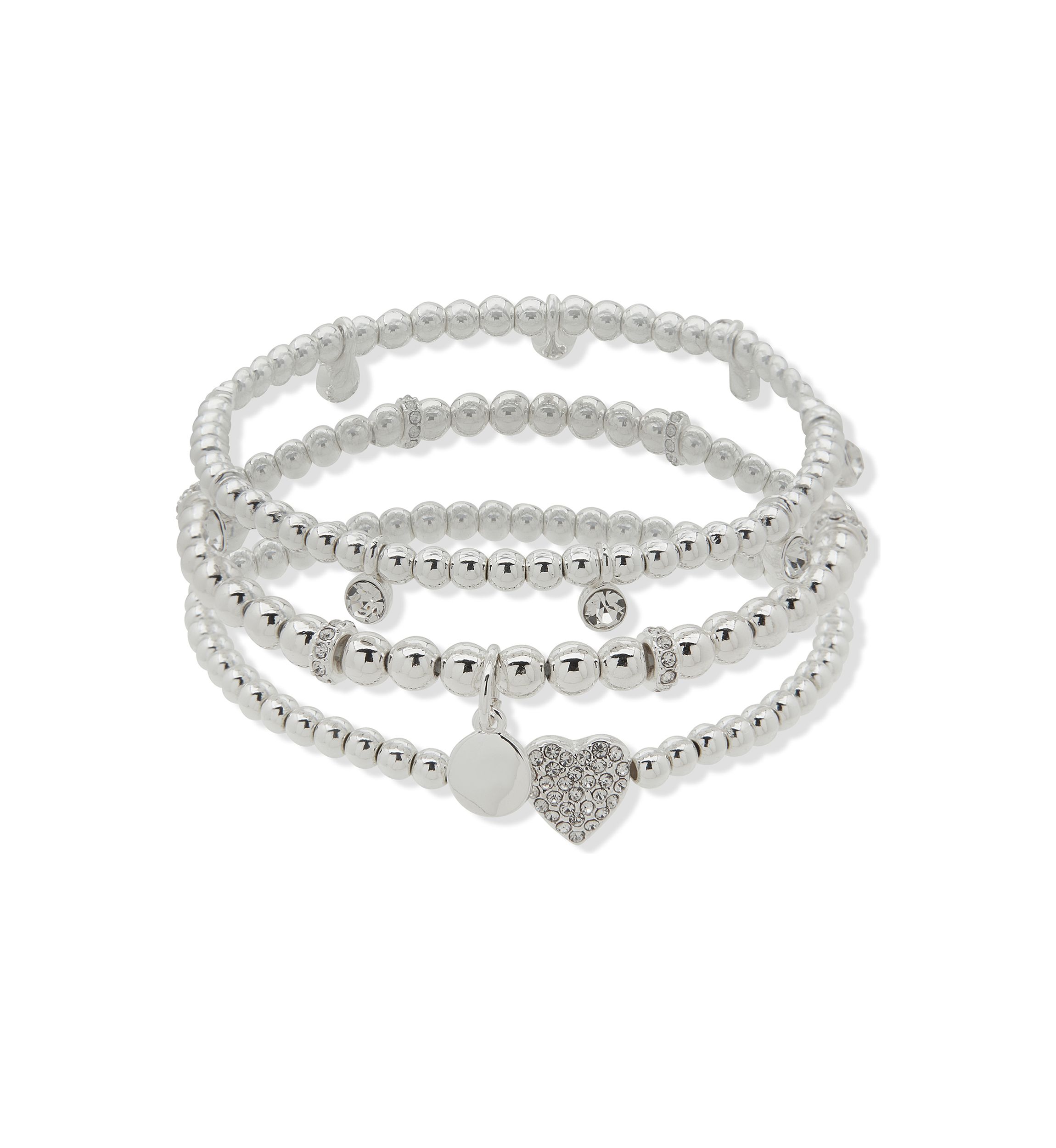 Silver Tone Crystal Pavé Heart Stretch Bracelet Set