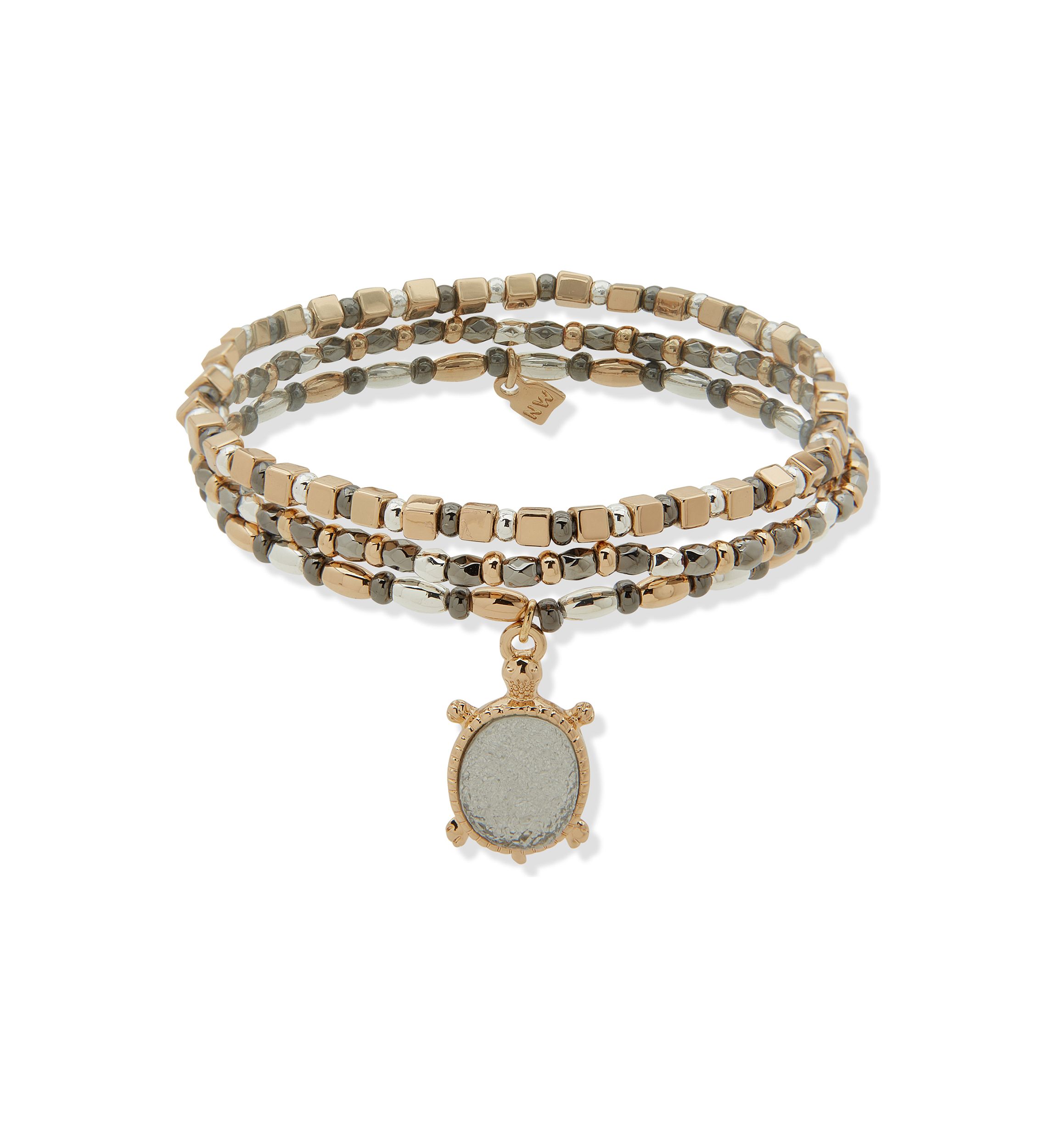 Tri Tone Crystal Pavé Turtle Charm Stretch Bracelet Set