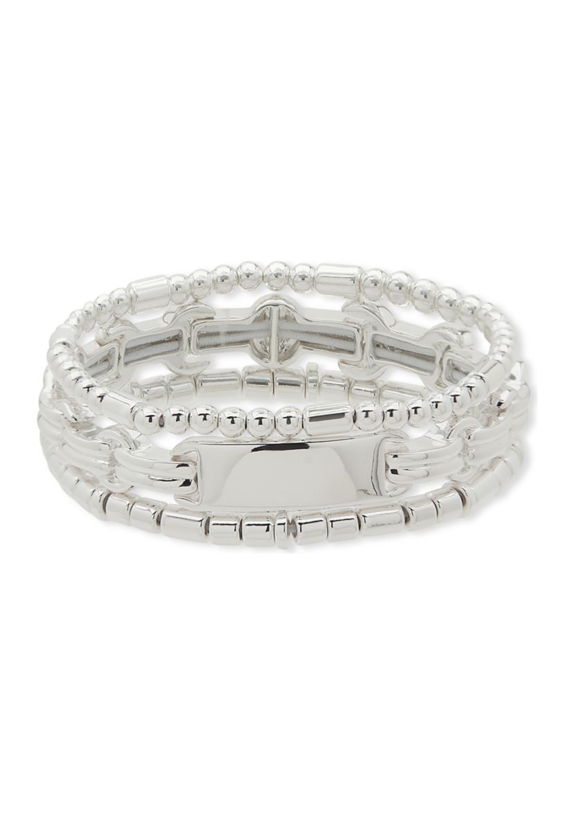 Silver Tone Beaded Stretch Bracelet - Set of 3