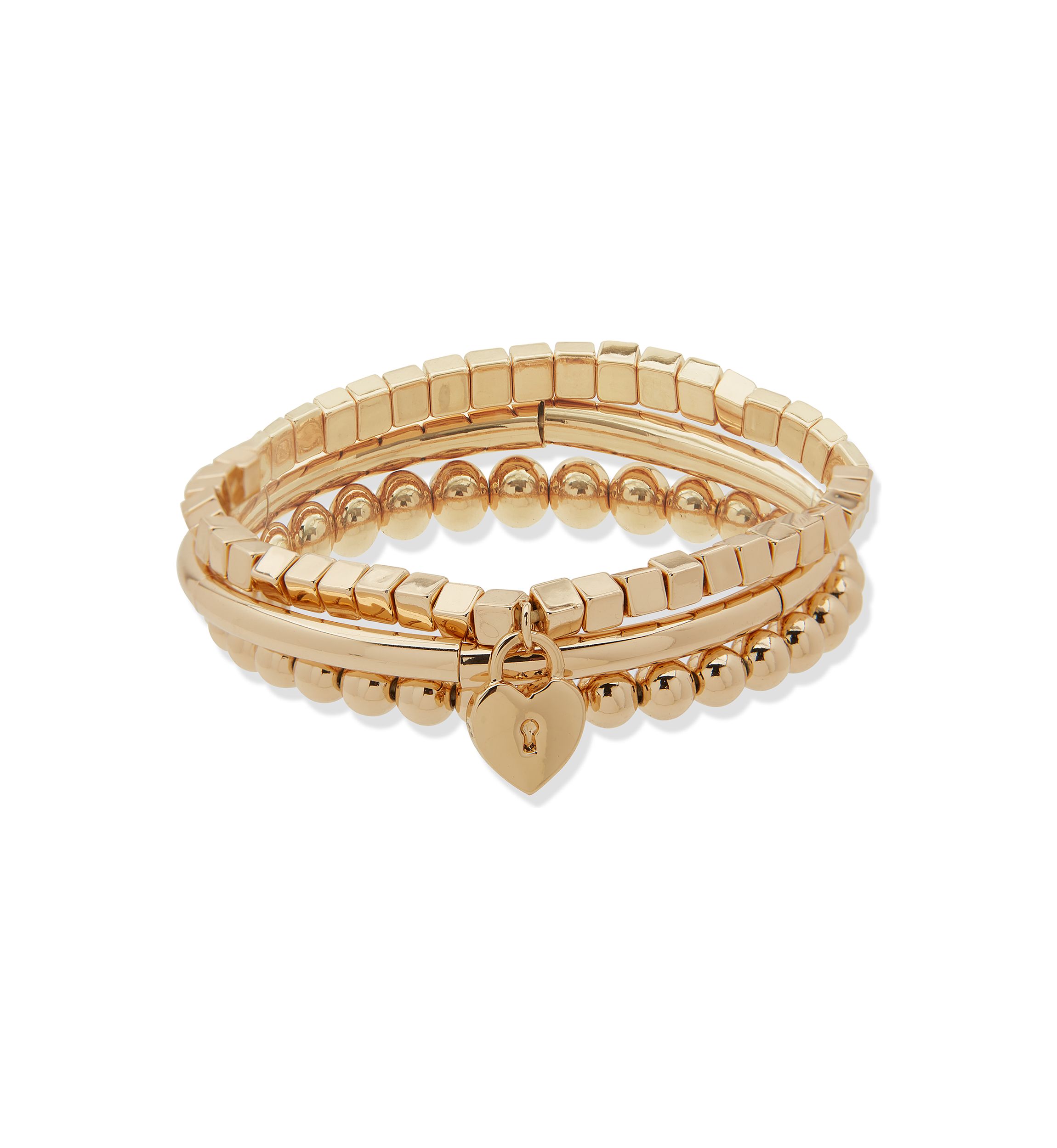 Gold Tone Heart Padlock Stretch Bracelet Set