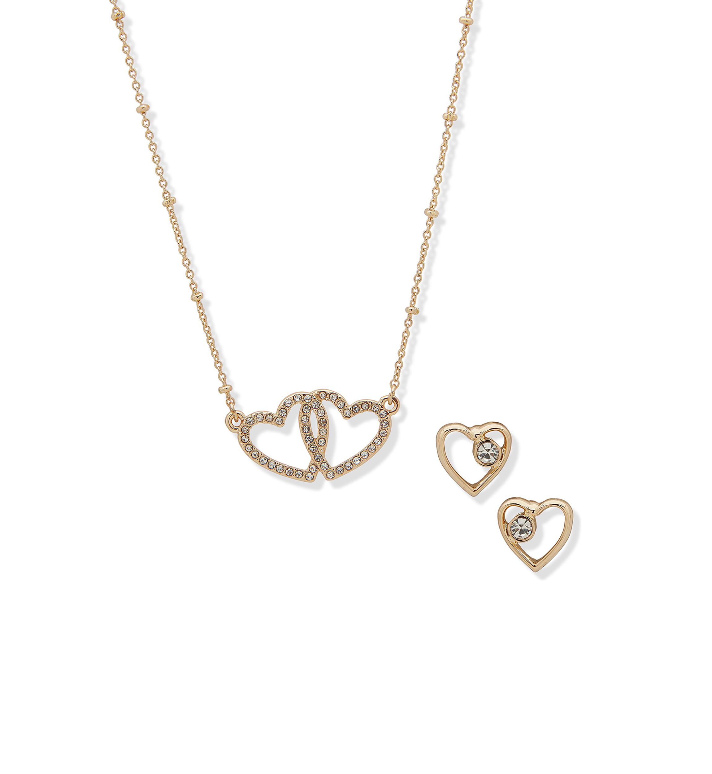 Gold Tone Crystal Pave Heart Necklace and Earrings Set