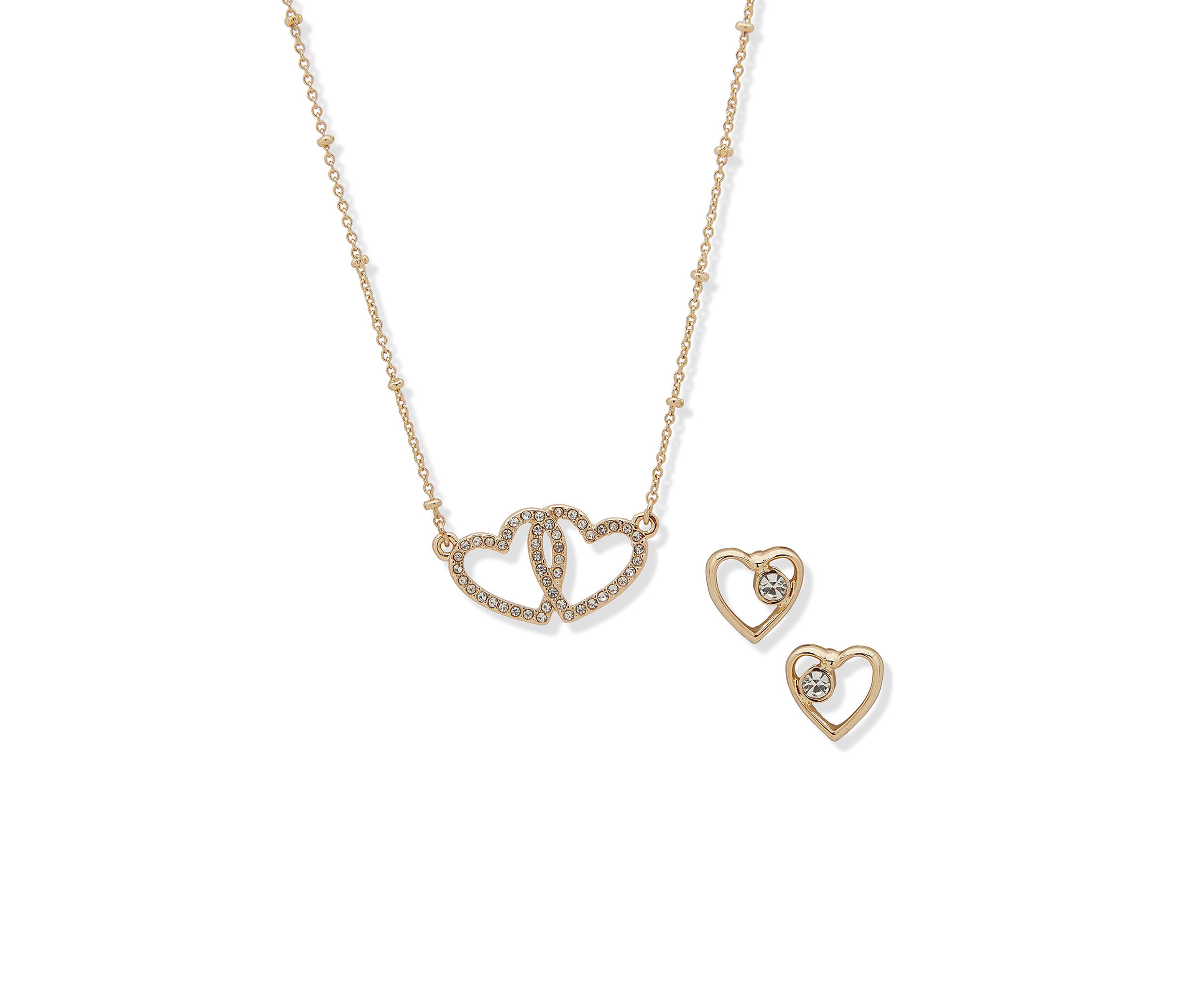Gold Tone Crystal Pave Heart Necklace and Earrings Set