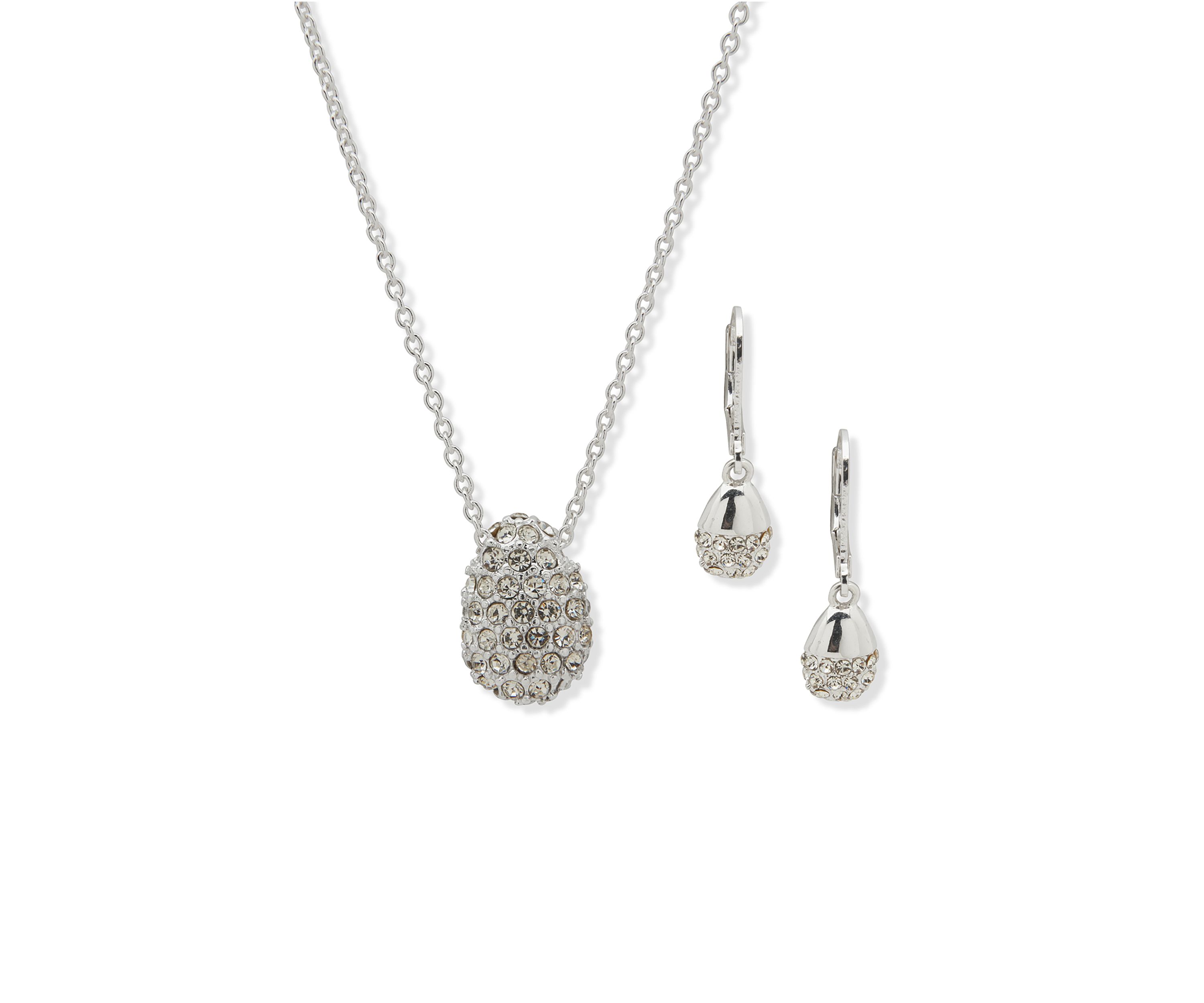 Silver Tone Pave Necklace and Earrings Set