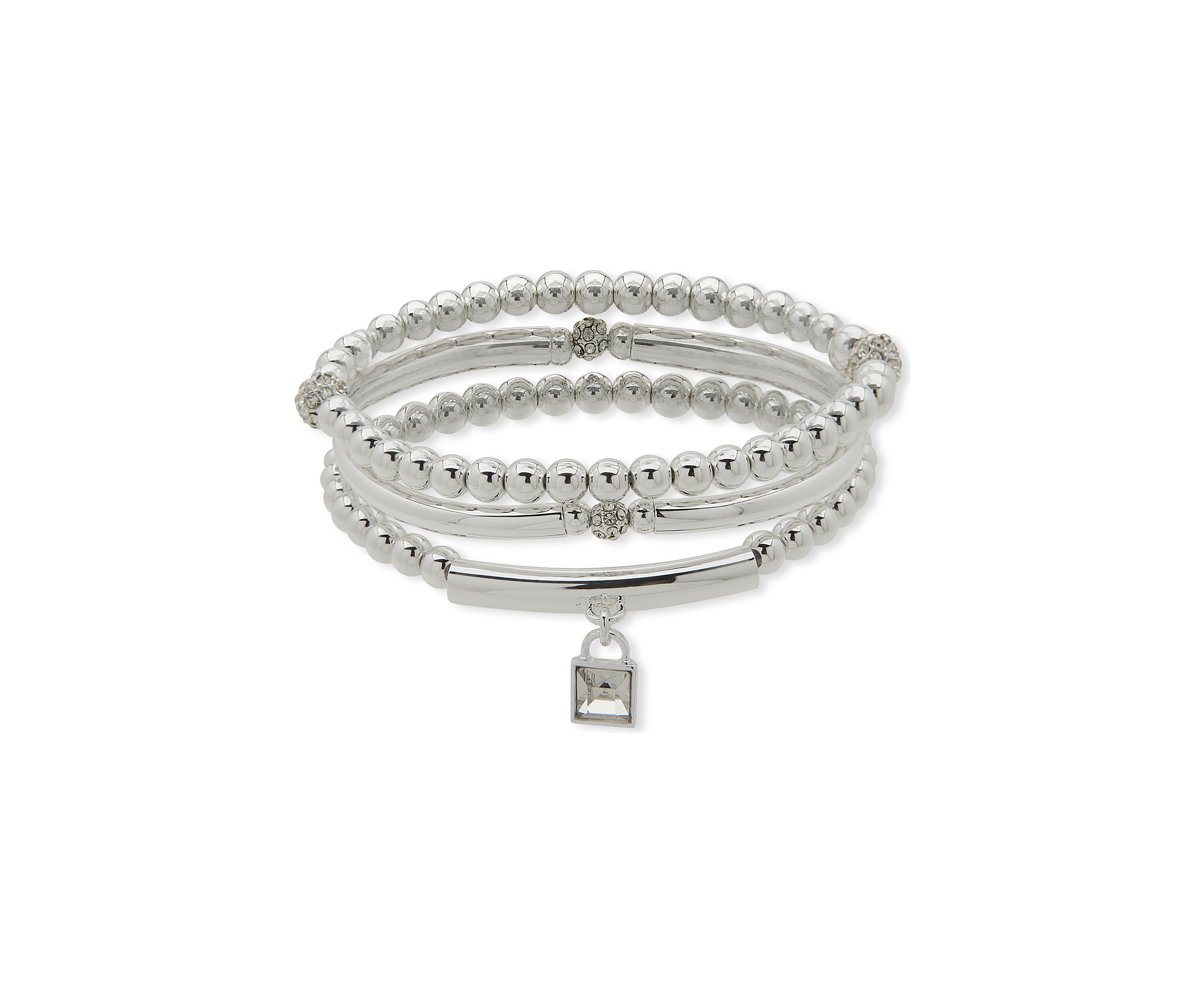Silver Tone Crystal Padlock Stretch Bracelet Set