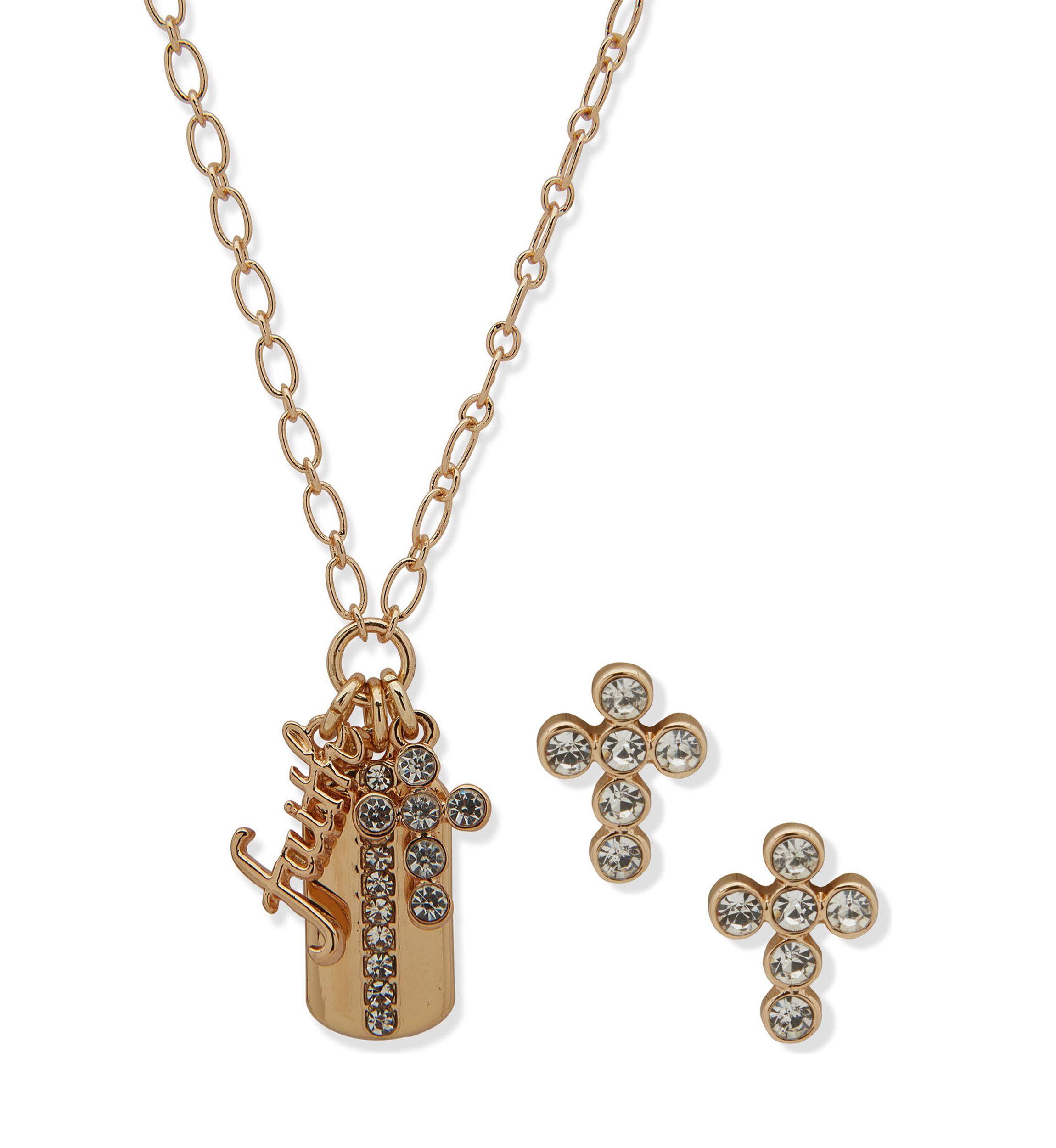 Gold Tone Crystal Dogtag Necklace and Earrings Set