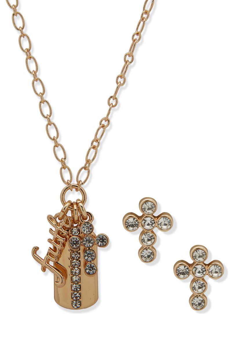 Gold Tone Crystal Dogtag Necklace and Earrings Set