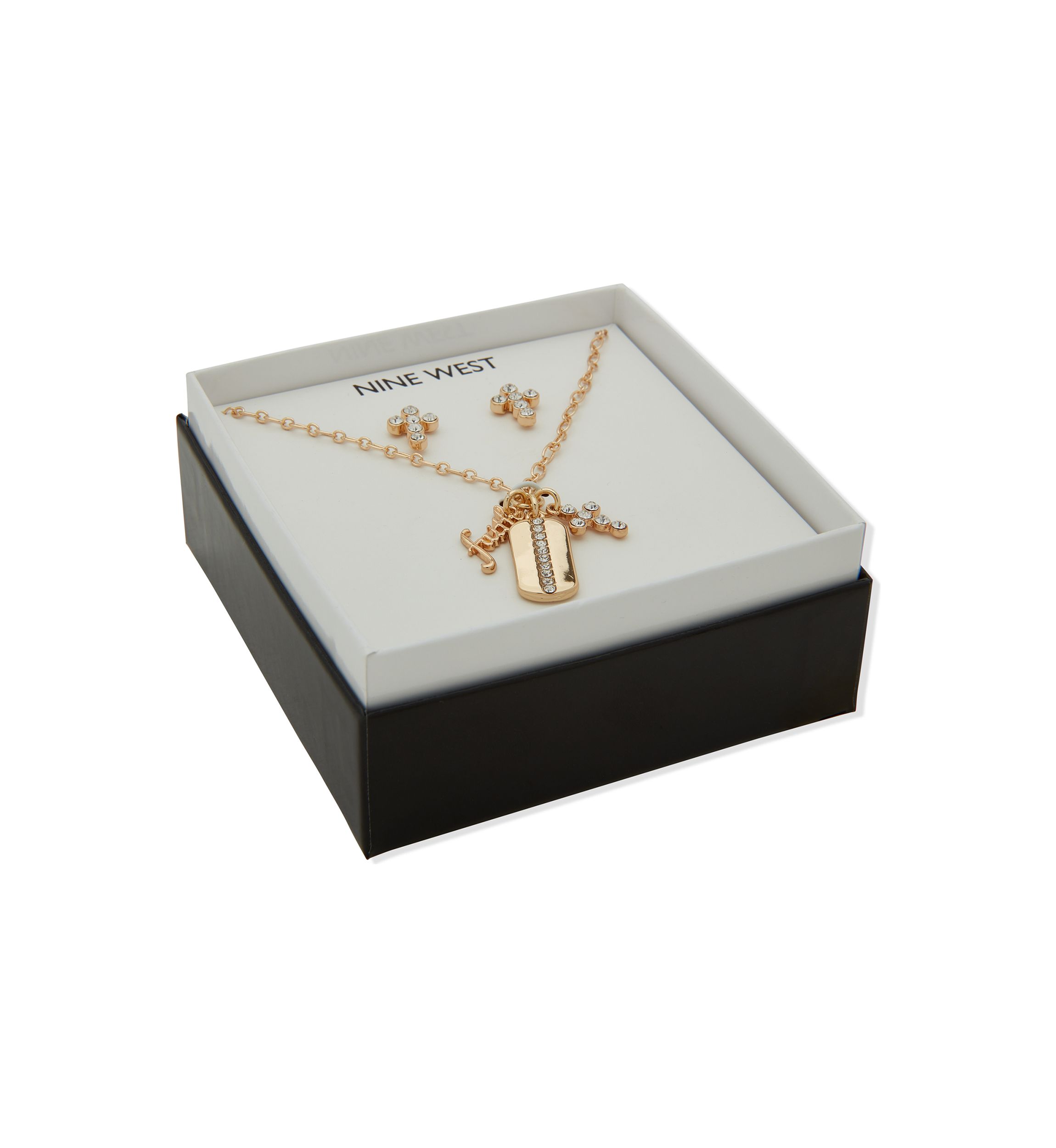 Gold Tone Crystal Dogtag Necklace and Earrings Set